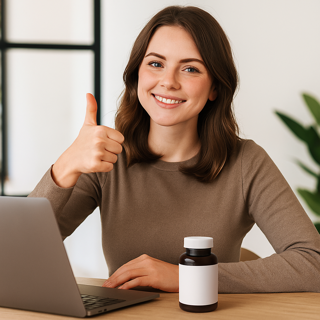 Happy customer giving thumbs up with laptop and supplement bottle