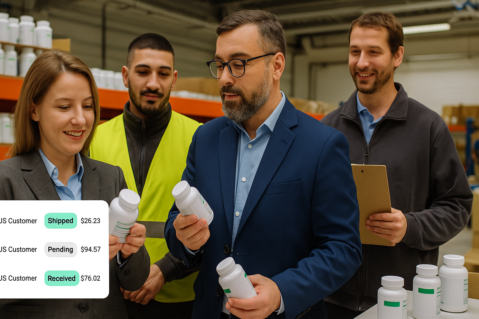 Professional fulfillment team in warehouse with order tracking dashboard