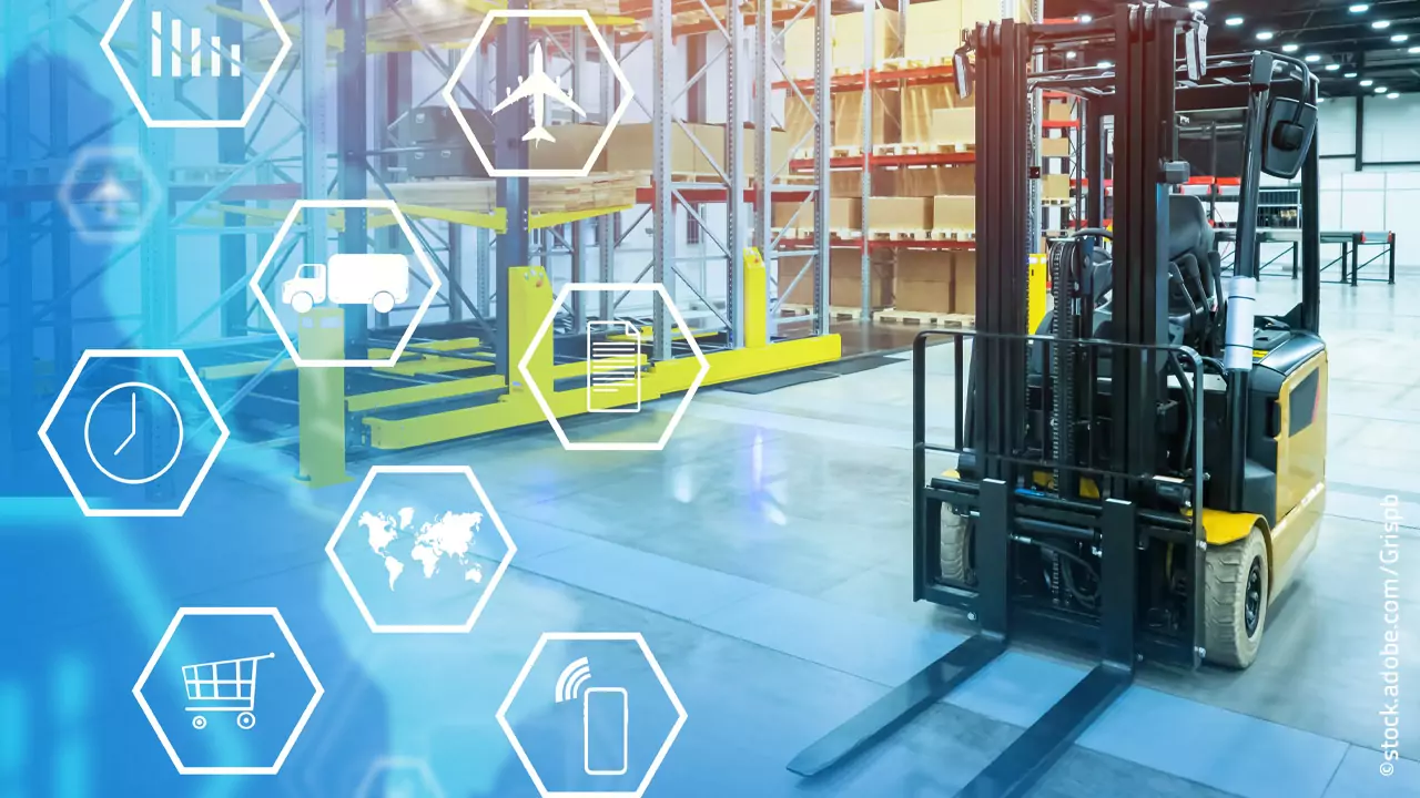Smart warehouse with digital logistics technology and forklift operations